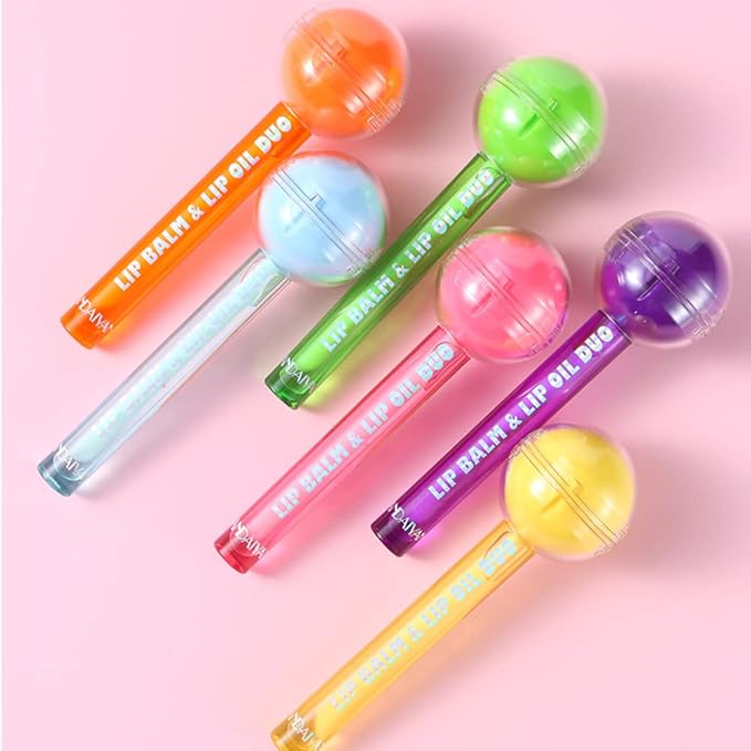 Tinted Lip Balm Lollipop Lip Gloss, Magic pH Color Changing Pink Lipstick & Vitamin E Clear Lip Oil Combo, Hydrating Plumping Lip Care Product for Girls (Blue)