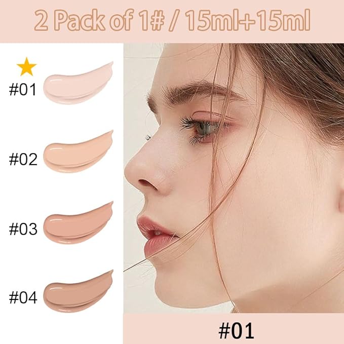 2 Pack Liquid Foundation Cream with Foundation Brush for Face Makeup,Durable Full Coverage Matte Concealer Make Up,Oil Control & Waterproof Base Primer -1 Fl.Oz (#01)