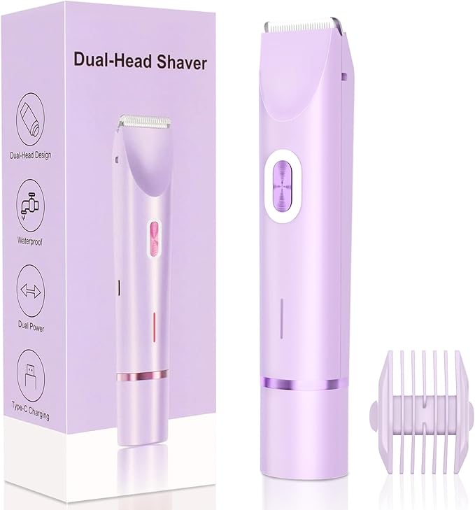2025 New 2-in-1 Electric Bikini Trimmer for Women - Dual Head Electric Razor,Waterproof Painless Bikini Shaver, Pubic Hair Trimmer for Private Area & Body Hair, Purple