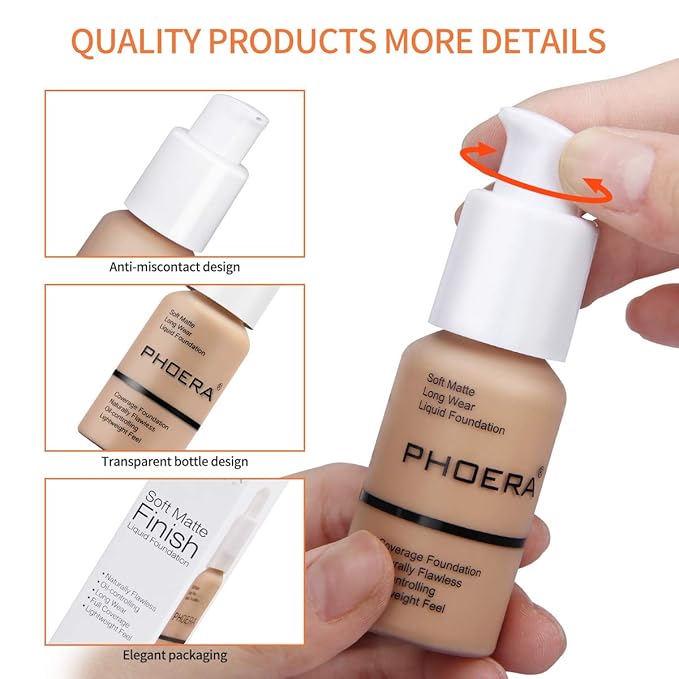 PHOERA Foundation Makeup Naturally Liquid Foundation Full Coverage Mattle Oil-Control Concealer 8 Colors Optional,Great Choice For Gift (2pcs,#103 Warm Peach)