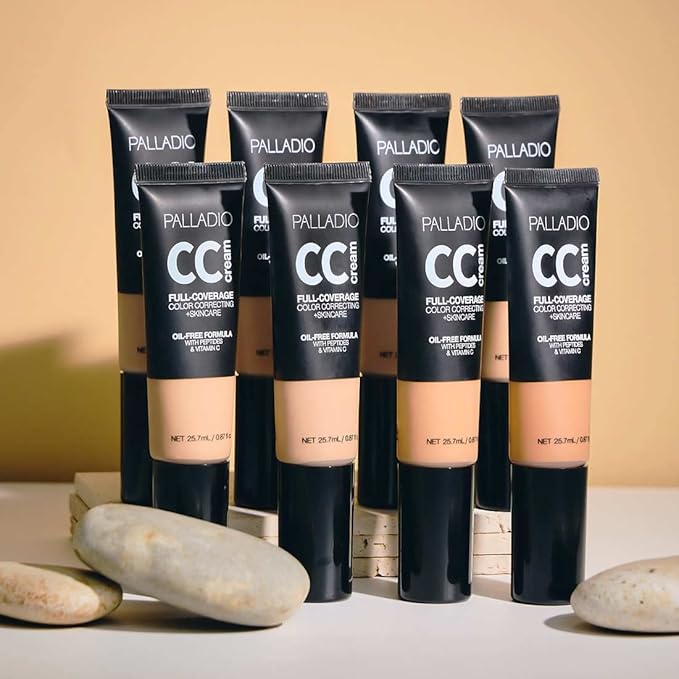 Palladio Full-Coverage Color Correction CC Cream, Oil-Free with Peptides & Vitamin C, Buildable Foundation Coverage (Tan 40W, Warm Undertone),0.87 Fl Oz (Pack of 1)