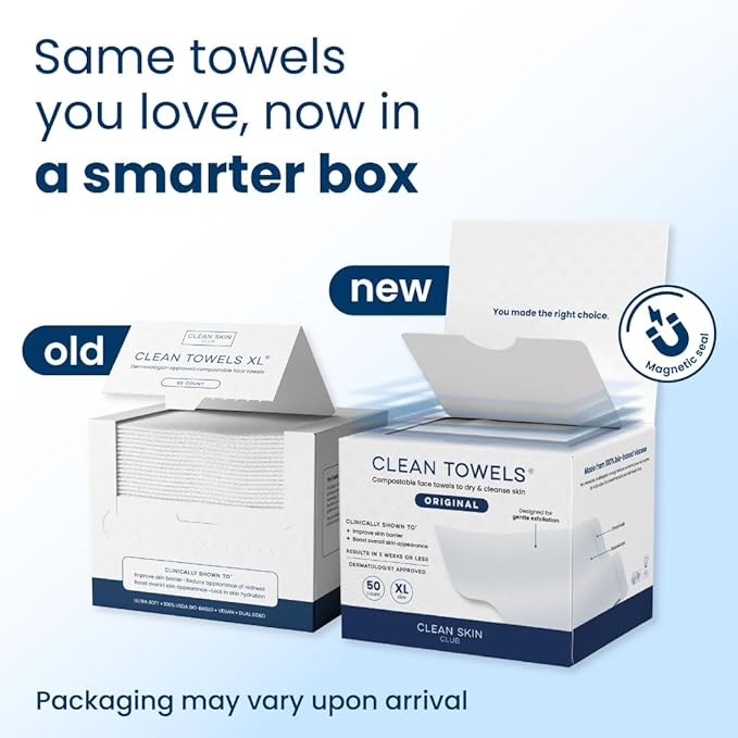 Clean Skin Club Clean Towels XL, 100% USDA Biobased Dermatologist Approved Face Towel, Disposable Clinically Tested Face Towelette, Facial Washcloth, Makeup Remover Dry Wipes, 100 ct, 2 pack