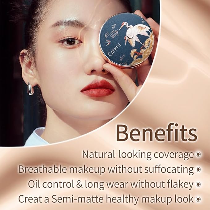 Catkin Phoenix Cushion Foundation Buildable Coverage Anti-Aging Serum Makeup, Sheer Satin Finish, Refill Included, Light Beige 0.46 Oz x 2, C01 NATURAL
