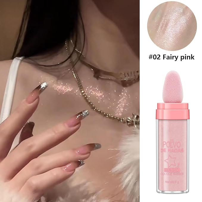 Polvo De Hadas Fairy Dust Highlight Patting Powder - Full Body Contouring and Clavicle Pearlescent Patting Powder for Face and Eye, Christmas Sparkling Body Glitter (#02 Fairy Pink)