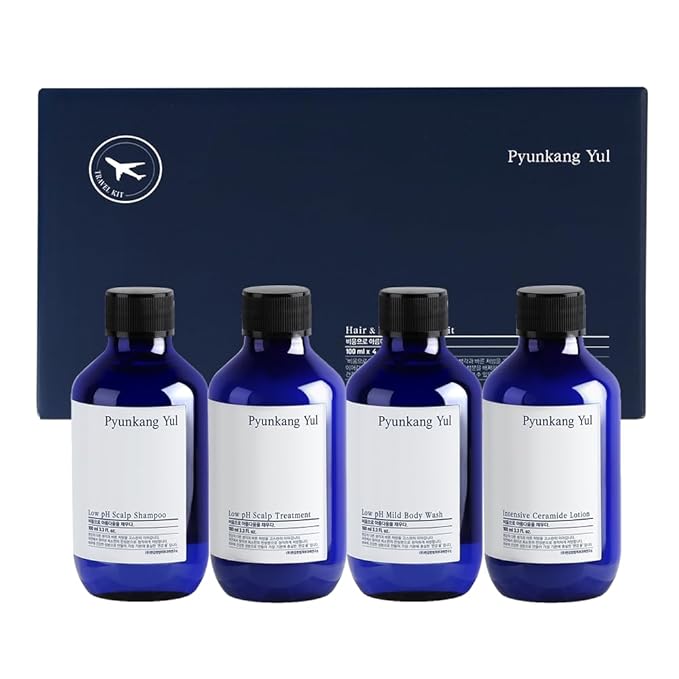 PYUNKANG YUL Hair&Body Travel Kit | Shampoo, Conditioner, Body Wash, Lotion, Spa Kit, 4 items | Low pH, Moisturizing, Soothing, Refreshing, Fragrance Free | Korean Skin Care | 3.38 Fl.Oz. x 4ea
