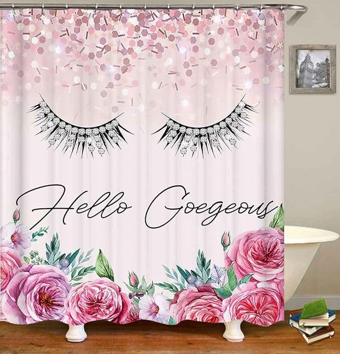 4PCS Hello Gorgeous Shower Curtain Set, Birthday Confetti Botanical Peony Floral Diamond Unicorn Eyelash Teen Girls Pink Bathroom Decor, Waterproof Fabric Shower Curtain, Bath Mat Toilet Rug