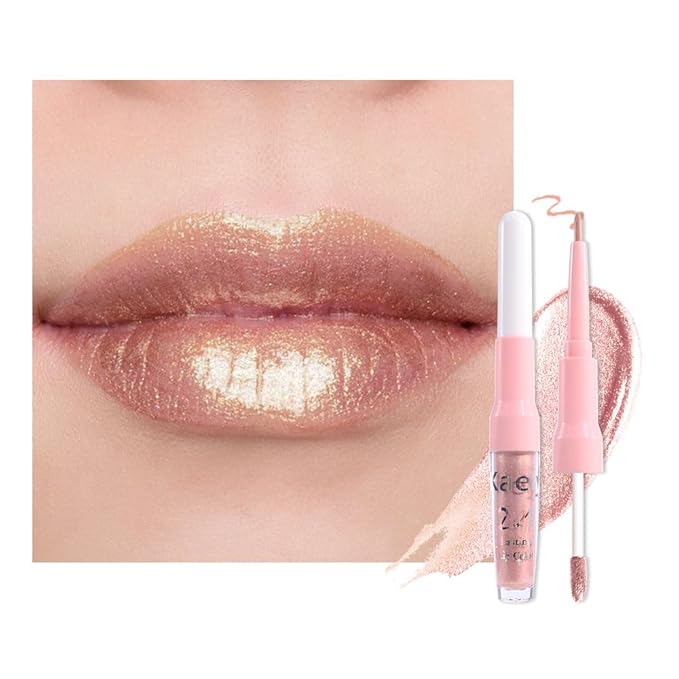 evpct Champagne Gold Metallic Glitter Lip Liner and Lipstick Combo Lip Gloss Stain Set Makeup for Women Long Lasting Waterproof 24, Blonde Frosted Metallic Shimmer Glossy iridescent Liquid Lipstick 05