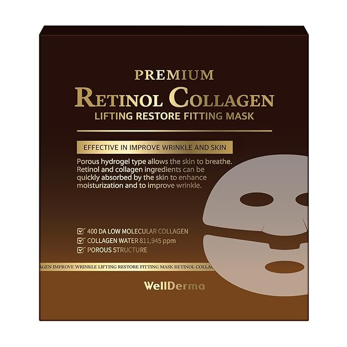 WELLDERMA Premium Retinol Collagen Restore Fitting Mask 4EA - Korean Collagen Face Mask for all around care, Wrinkles, Elasticity, Brightening, Deep Hydration, Face mask Skin Care