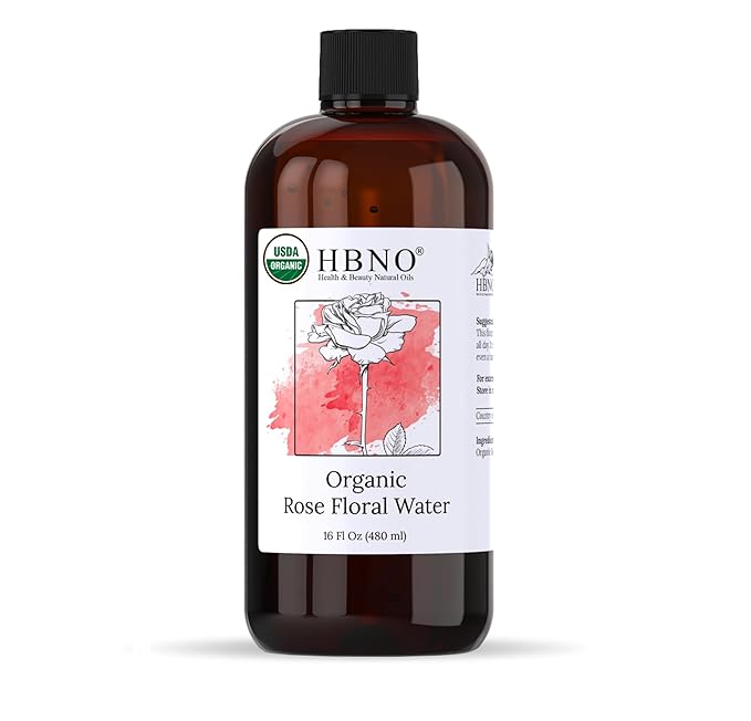 HBNO California Bottled Organic Rose Water for Face Huge 16 fl oz (480ml) Value Size - USDA Certified for Face - Pure Rose Water for Hair - Rosewater for Skincare, Haircare