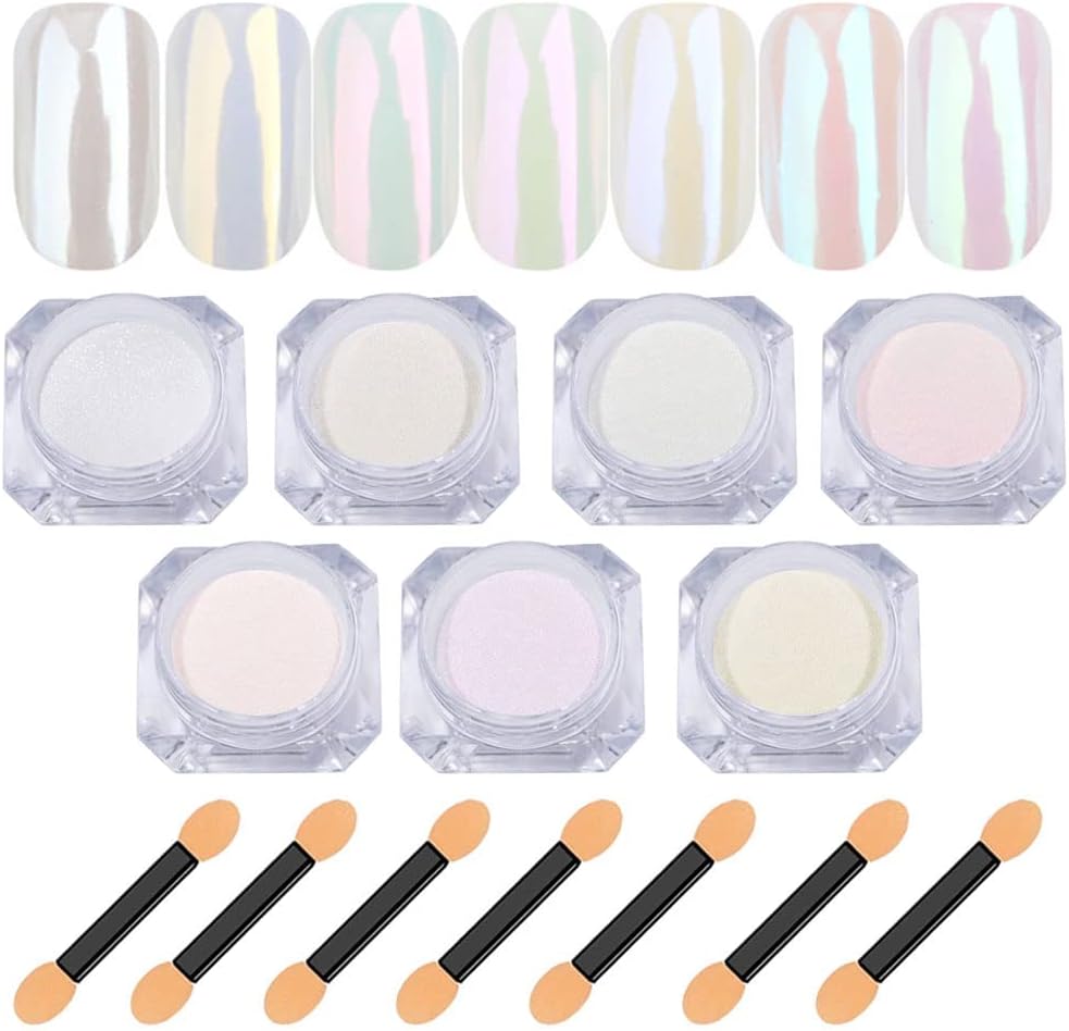 7 Colors Chrome Nail Powder Aurora Metallic Holographic Mirror Effect Dip Nail Powder Kit, White Pearl Iridescent Shell Powder Glitter Nail Art Pigment Manicure for Nails