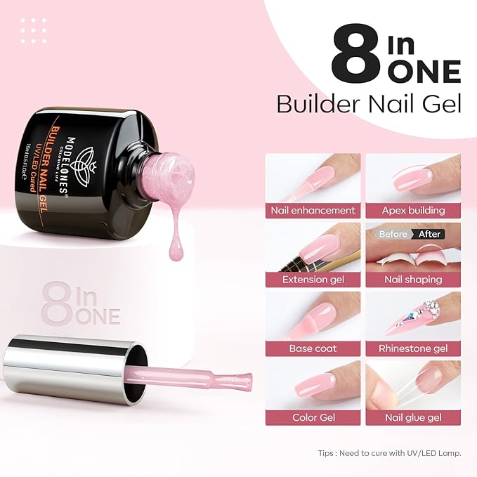 modelones Builder Nail Gel, 8-in-One Nude Pink Glitter Builder, Rainbow Iridescent Shimmer Nail Gel Polish, Jelly Pink Sparkle LED Lamp Cured Hard Rubber Color Base for Home DIY Salon Girls
