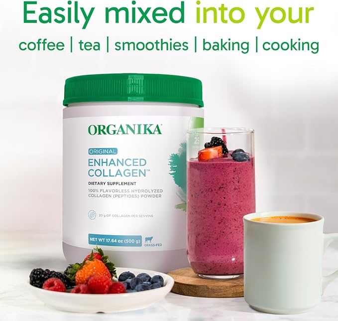 Organika Enhanced Hydrolyzed Collagen Peptides Powder: Easy Absorption Unflavored Collagen Powder for Skin, Hair, Nails, Joints, Muscles, & Gut - Keto, GMO-Free, Grass-Fed - 25 Day Supply