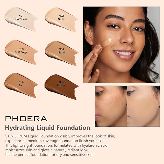 PHOERA Hydrating Serum Foundation,Flawless Full Coverage and Hypoallergenic Makeup Base Foundation. (N05 Tan, norm)