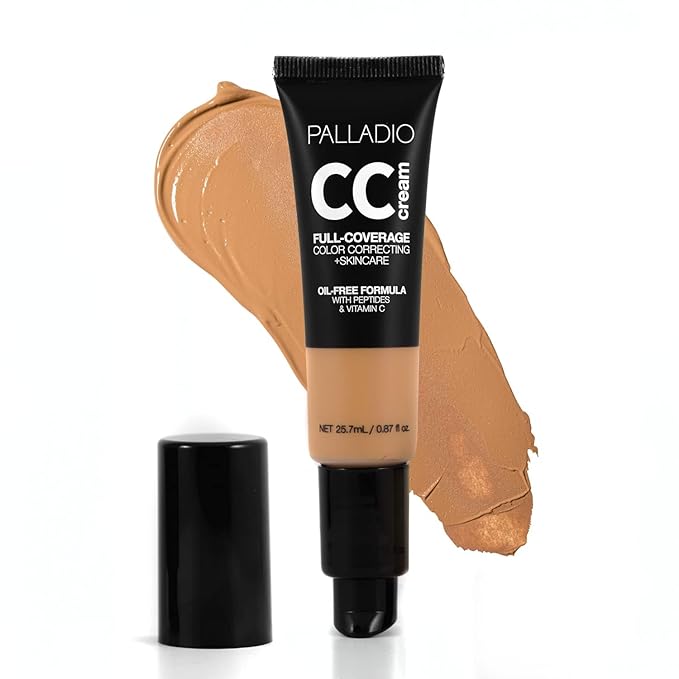 Palladio Full-Coverage Color Correction CC Cream, Oil-Free with Peptides & Vitamin C, Best for Correcting Redness and Uneven Skin Tone, Buildable Foundation Coverage (Rich 50N)