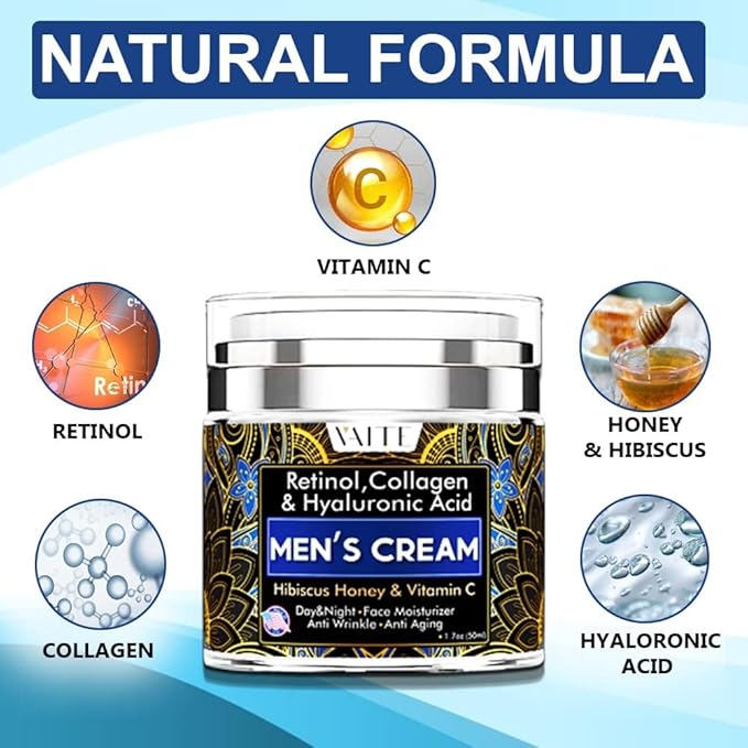 VAITE Mens Face Skin Moisturizer with Collagen, Retinol Ant-Aging, Anti-Wrinkle Under the Eyes Men's cream care for Face with Hibiscus & Honey, Hyaluronic acid, Vitamin C Made in USA