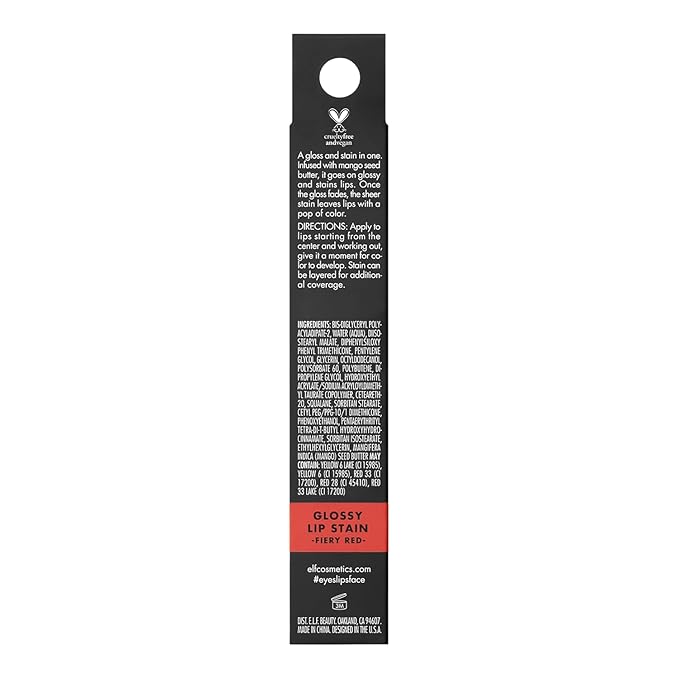e.l.f. Glossy Lip Stain, Long-Lasting, Lightweight Lip Stain For A Sheer Pop Of Color & Subtle Gloss Finish, Vegan & Cruelty-Free, Fiery Red