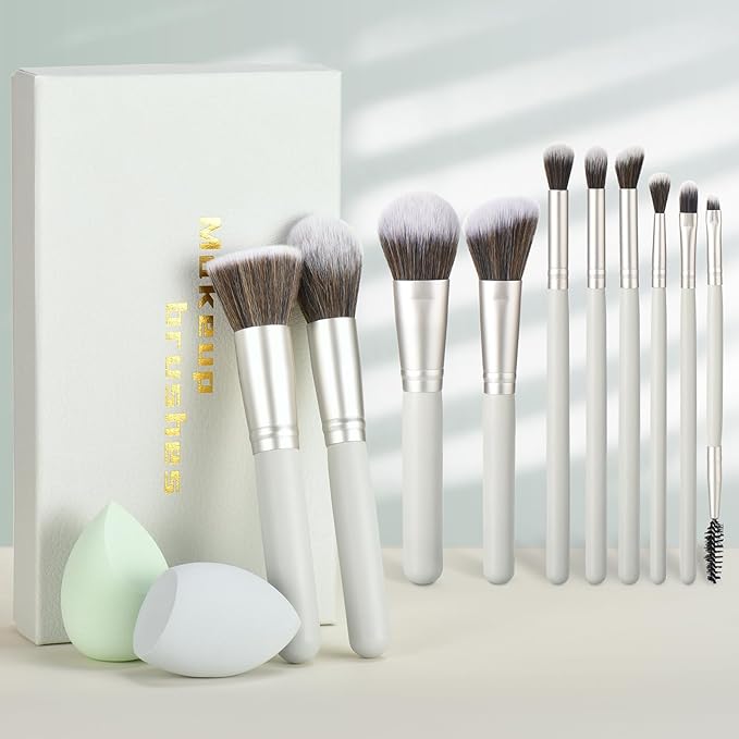 Gift Ready 10 Piece grayish green Makeup Brushs Set and 2 Piece Makeup Sponge – Wooden Handle with Soft Synthetic Bristles, Concealer, Powder – (Ideal for Christmas, Birthday, Women)