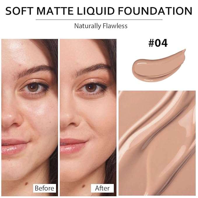 2 Pack Liquid Foundation Cream with Foundation Brush for Face Makeup,Durable Full Coverage Matte Concealer Make Up,Oil Control & Waterproof Base Primer -1 Fl.Oz (#04)
