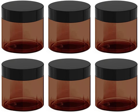 12 oz Amber Plastic Cosmetic Jars Leak Proof Container with Black Lid for Cream, Lotion, Powder, ointment, Beauty Products etc, 6 Pcs.