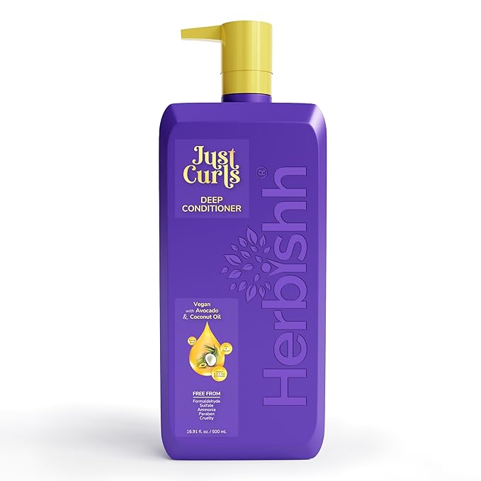 Herbishh Just Curls Deep Conditioner for Curly, Wavy Hair, 500ml, Avocado & Coconut Oil, Vegan, Curlfaction & Dry Damaged, Detangler