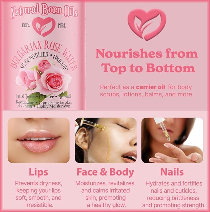 Natural Born Oils 8oz Rose Water Hydrosol, 100% Pure and Natural, Organic, Steam-distilled, Facial Toner Cleanser, with Sprayer, 8-Rose-Water