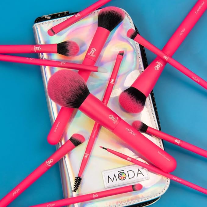 MODA Totally Electric Neon Full Face Makeup Brush Kit – 13pc Vibrant Brush Set for Face & Eyes with Zip Case (Neon Pink)