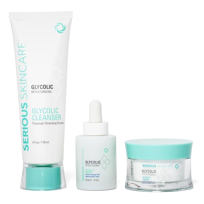 Serious Skincare Glycolic Skin Renewal Set - Retexturizing Serum - Facial Moisture Cream - Face Wash Cleanser - Balancing Blue Tansy Extract - Improve Appearance of Lines, Wrinkles and Enlarged Pores
