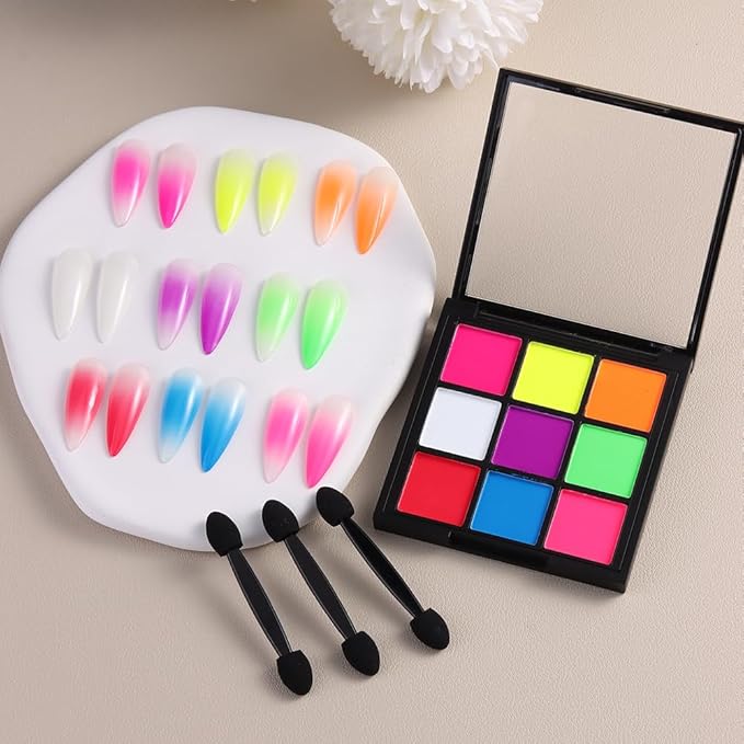 Neon Phosphor Nail Pigment Powder Palette, 9 Colors Solid Pigment Powder for Nails, Fluorescent Glitter Aura Nails Rubbing Dust with Ombre Nail Brush & Sponge Sticks Manicure Art DIY Accessories