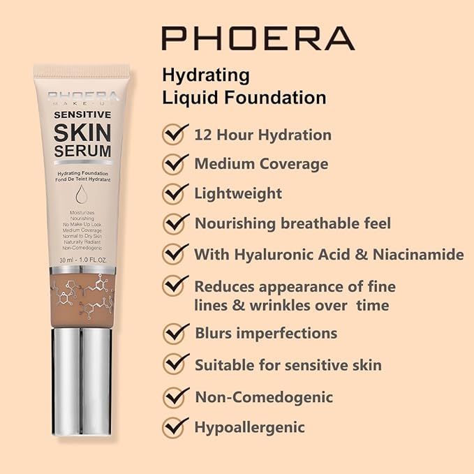 PHOERA Hydrating Serum Foundation,Flawless Full Coverage and Hypoallergenic Makeup Base Foundation. (N05 Tan, norm)