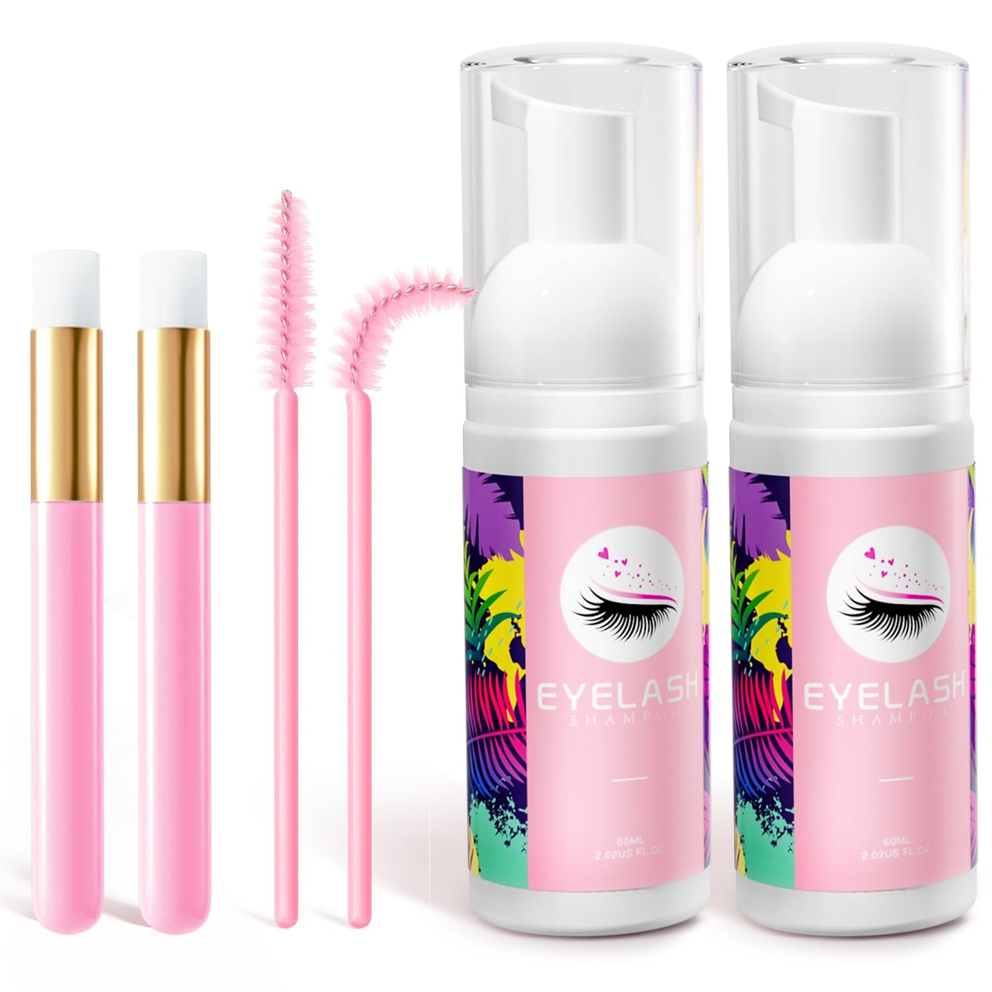 Buqikma Lash Shampoo Kit - Lash Cleaning for Eyelash Extension, 60Ml/2.11fl.Oz Eyelash with Lash Shampoo Brushes Gentle Lash Extension Cleanser for Professional Salon Use and Home Use (2 Pcs)