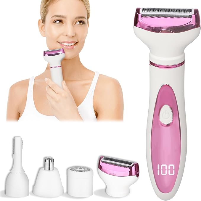 Electric Razor for Women Men,4 in 1 Painless Ladies Wet & Dry Body Razors and Facial Hair Remover,Rechargeable Led Display Hair Removal Kit for Nose Face Body Leg Bikini Arm Hair (Pink)