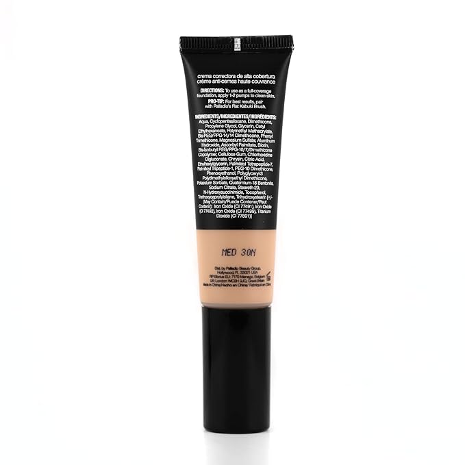 Palladio Full-Coverage Color Correction CC Cream, Oil-Free with Peptides & Vitamin C, Best for Correcting Redness and Uneven Skin Tone, Buildable Foundation Coverage (Med 30N)