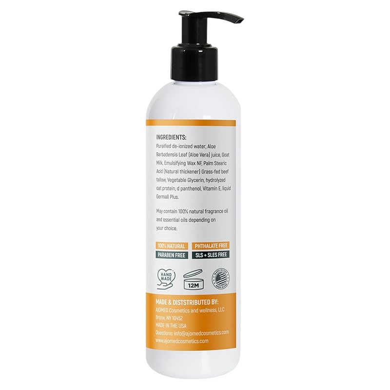 Grass Fed Beef Tallow & Goat Milk Body Lotion for Sensitive Skin, Organic Tallow Lotion - Soothes Dry Patches, Goat Milk Moisturizer - Handmade Tallow Body Lotion (UNSCENTED, 8 Oz)