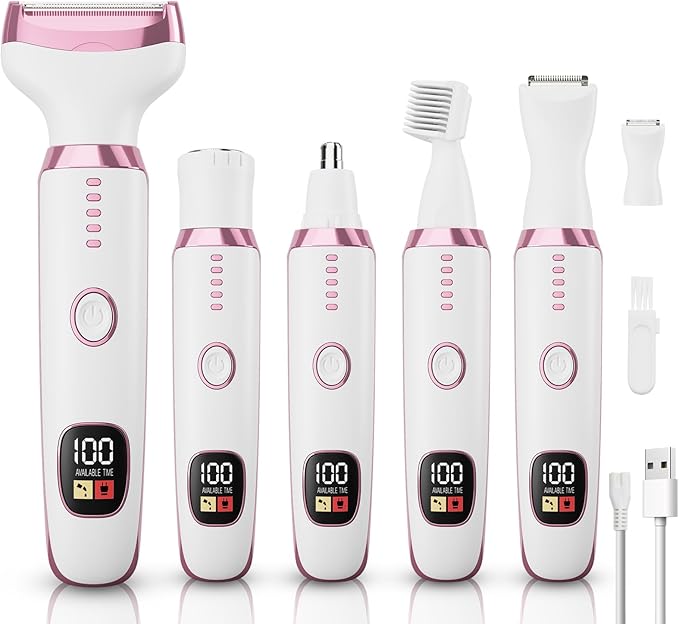 Electric Razor Shavers for Women 5 in 1 Electric Shaver for Women,Cordless Replaceable Facial Eyebrow Razors & Nose Hair Trimmer, Wet Dry Bikini Trimmer Pubic Hair Removal Gifts for Womens 3028A White