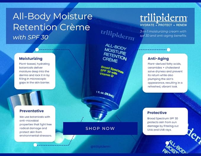 Trilipiderm All-Body Moisture Retention Crème Broad Spectrum SPF 30 with Vitamin D – 2-PACK of Travel-Size 3 Ounce Tubes – Plant-Based All-Day Hydration, Sunscreen for Body and Face
