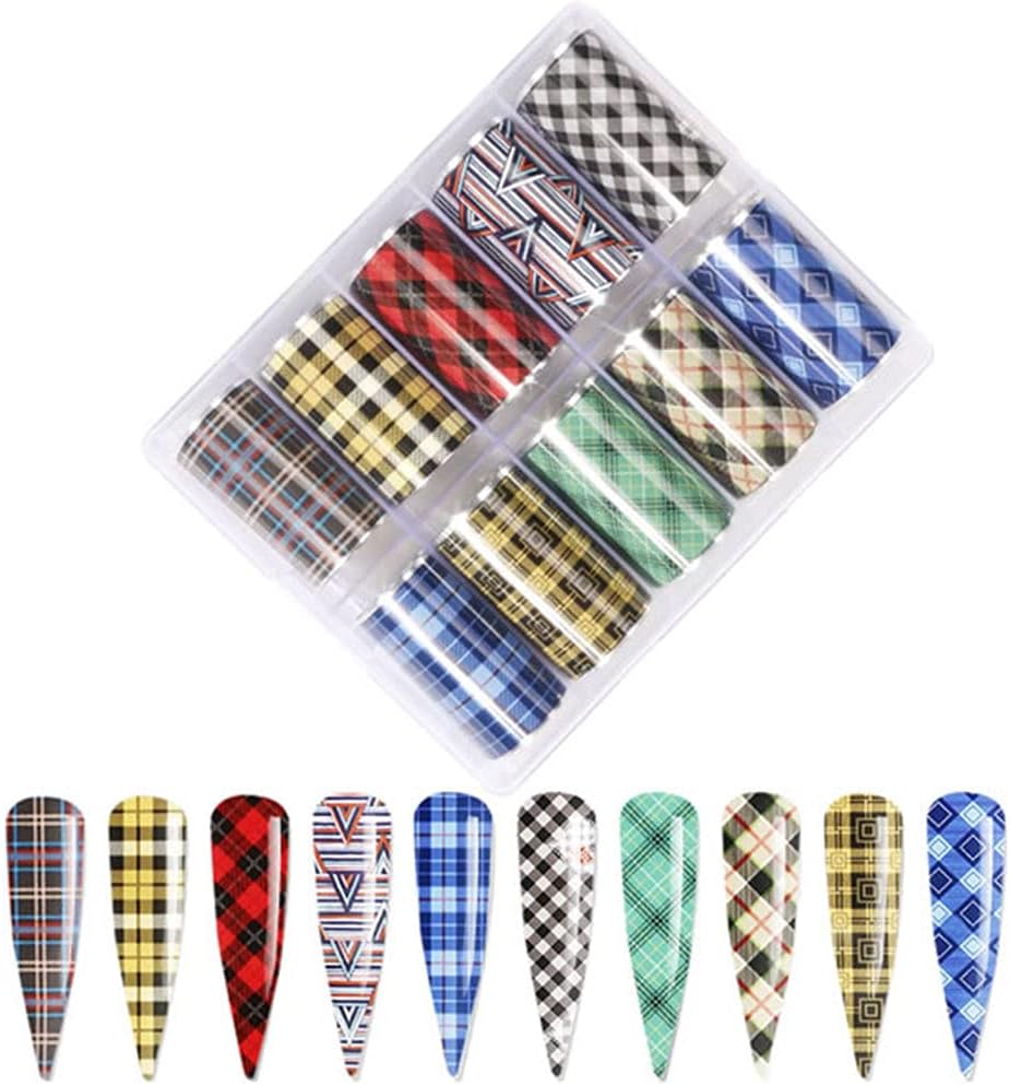 10 Colors Buffalo Plaid Nail Art Foils Christmas Nail Transfer Stickers Supplies Buffalo Plaid Design Nail Decal Tips Wraps Adhesive Glitters Acrylic DIY Nail Decoration