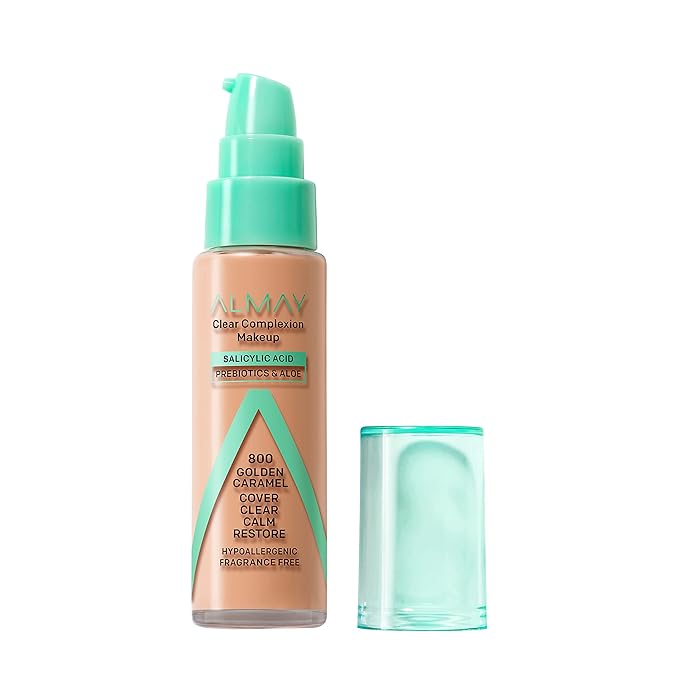 Almay Clear Complexion Acne Foundation Makeup with Salicylic Acid - Lightweight, Medium Coverage, Hypoallergenic, Fragrance-Free, for Sensitive Skin, 730 Golden Caramel, 1 fl oz.