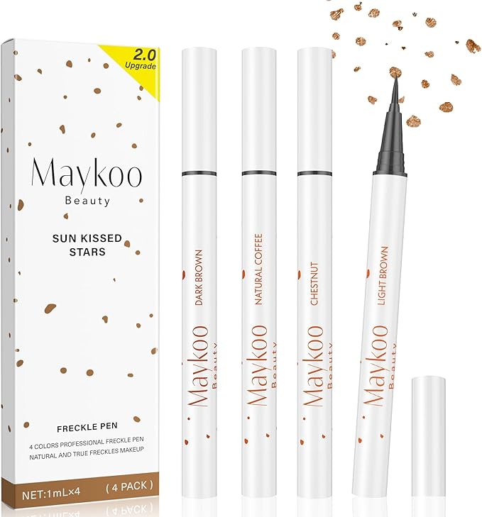4 Colors Freckle Pen Set, Natural Lifelike Face Fake Freckle Stamp Makeup Pen Waterproof Long Lasting Quick Dry Faux Freckles Sun-kissed Makeup-Light Brown,Natural Coffee,Chestnut,Dark Brown