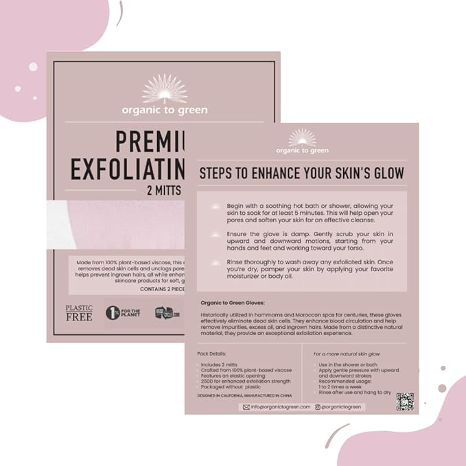 Organic to Green Premium Exfoliating Mitt for Body (2pc) – 100% Vegan Viscose Traditional Body Scrub Washcloth – Body Exfoliator (Pink)