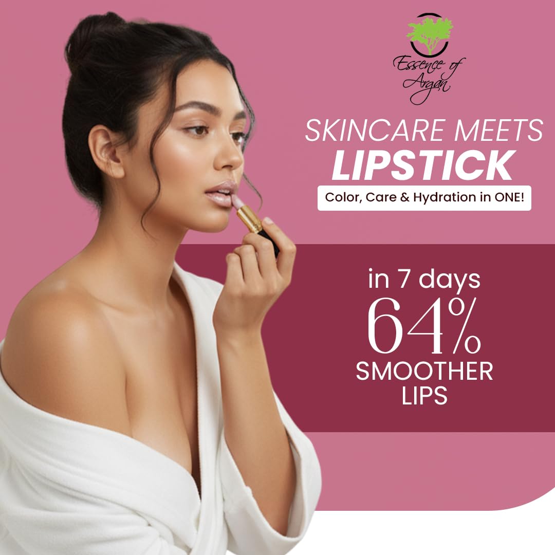 Essence Of Argan Pink Lip Stick for Cracked and Dry Lips - 100% Pure Argan Oil, Shea Butter, Jojoba Oil & Aloe Vera - Hydrating Long Lasting Lipstick - Deep Moisturizing Pink LipStick for Women