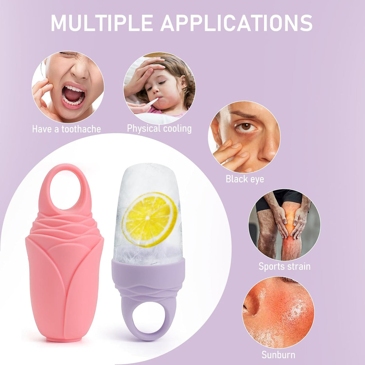 3 Pcs Facial Ice Roller Silicone Mold Reusable for Face Women and Eye Neck Cold Skin Care Tools Freezer De Puff Eye Bags Reduce Migraine Pain Pink 1 + Purple 2