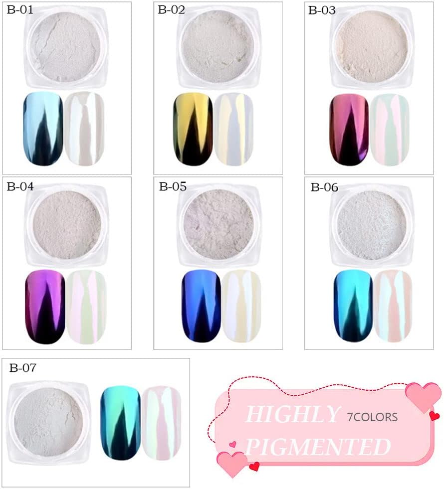 7 Colors Chrome Nail Powder Aurora Metallic Holographic Mirror Effect Dip Nail Powder Kit, White Pearl Iridescent Shell Powder Glitter Nail Art Pigment Manicure for Nails