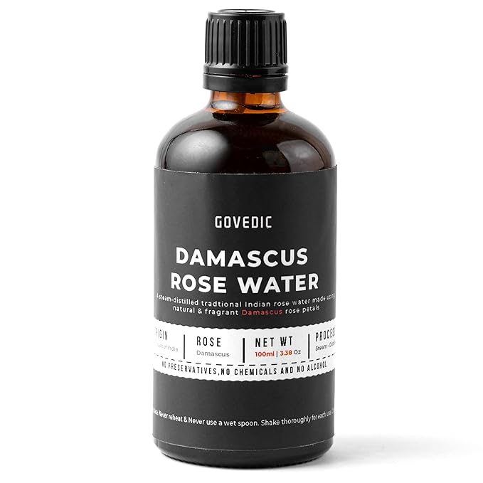 govedic Rose Water for Cooking, Baking, Cocktails | 100% Food Grade Rose Water | Face & Hair Care | Steam-Distilled Edible Damask Rose | 100 ml 3.38 Oz