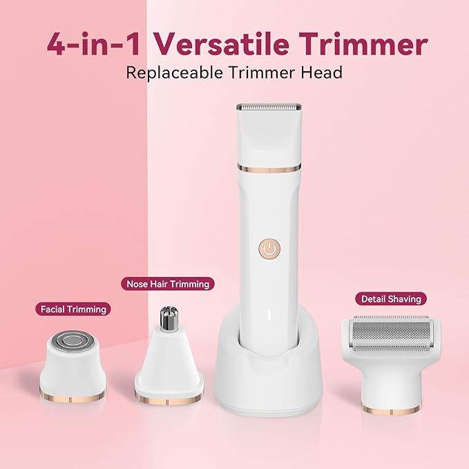 Electric Bikini Trimmer for Women - 4 in 1 Electric Razors for Women, Waterproof Pubic Hair Trimmers and Facial Hair Remover, Replaceable Shaver & Nose Hair Trimmer, Rechargeable Women's Grooming Kit