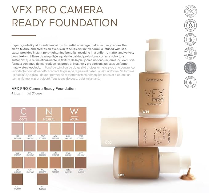 FARMASi Vfx Pro Foundation, Full Coverage Liquid Cream, Lightweight Long Lasting Coverage, Breathable Skin Moisturizer with Color True Matte Blending, Face Makeup, 1 fl. oz / 30 ml - Cool Light 05