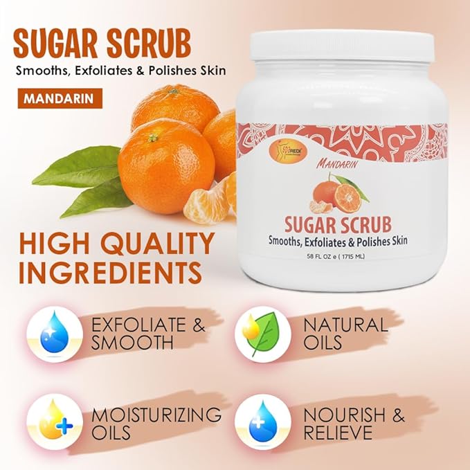 SPA REDI Sugar Scrub - Exfoliating, Moisturizing, Hydrating and Nourishing, Glow, Polish, Smooth and Fresh Skin - Body Exfoliator, Mandarin - 58 Oz