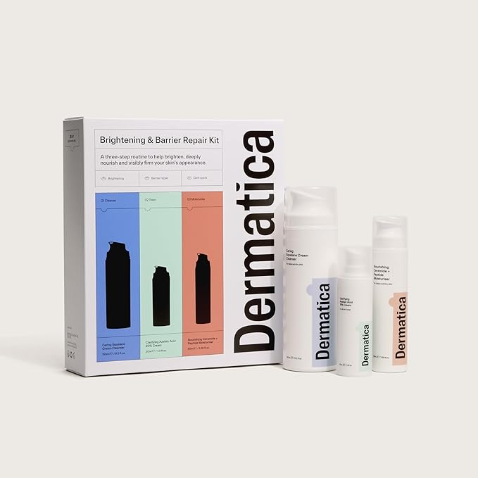 Dermatica Brightening & Barrier Repair Kit, Caring Squalane Cleanser (150ml), Clarifying Azelaic Acid 15% Cream (30ml), Nourishing Ceramide + Peptide Moisturiser (50ml)