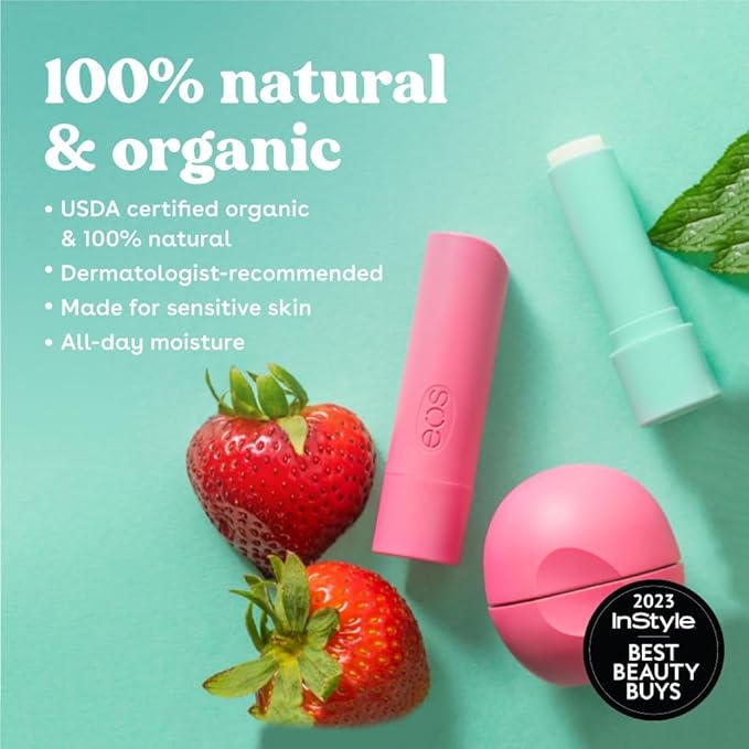 eos 100% Natural & Organic Lip Balm- Pomegranate Raspberry, Dermatologist Recommended, All-Day Moisture Lip Care, 0.14 Oz, 2 Pack