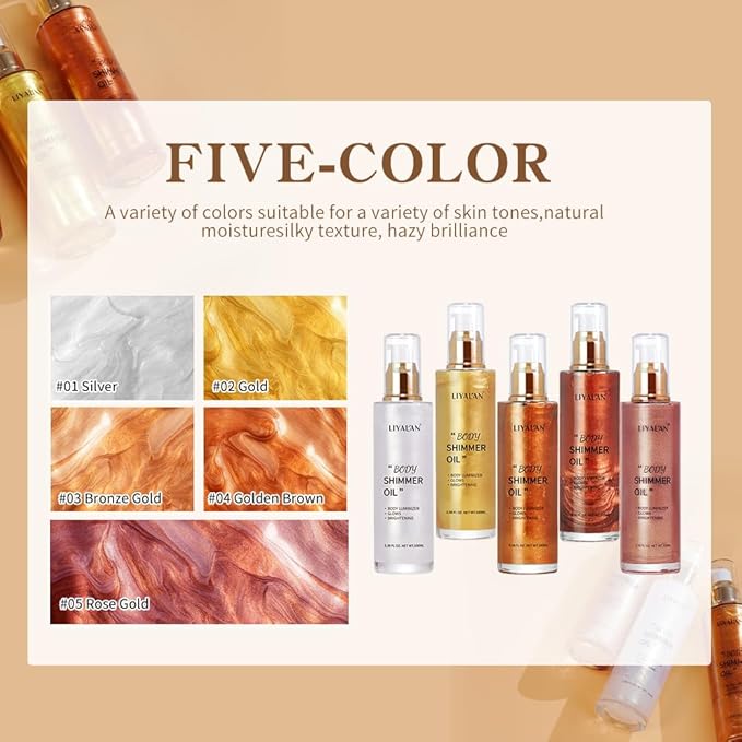 Liyalan Shimmer Body Oil Golden Brown 5 Color Bronze Face Glow Pearl Highlighter Illuminator Body Makeup Shine Glitter Gold Liquid Taning 3.38 Fl Oz