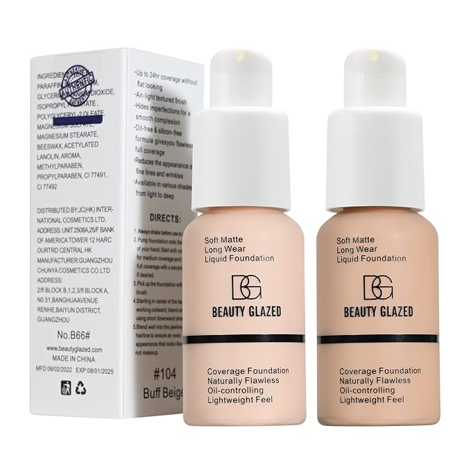 Beauty Glazed Soft Matte Silky Full Coverage Liquid Foundation, Multi-Use Buildable Foundation Lightweight Feel Oil Control Longwear Naturally Flawless Coverage Foundation (103 Warm Peach)
